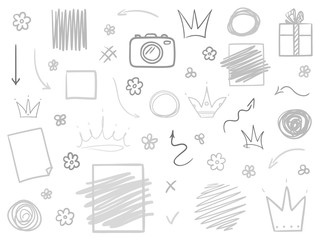 Infographic elements on isolated white background. Hand drawn simple signs. Line art. Set of different shapes. Abstract indicators. Black and white illustration. Doodles for artwork