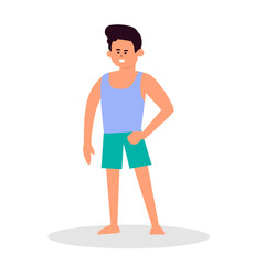 Young surfer standing on the summer beach. Vacation on the ocean. Man have fun. Isolated vector illustration in cartoon style 