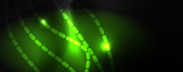 Smoky glowing waves in the dark. Dark abstract background with neon color light and wavy lines. Vector