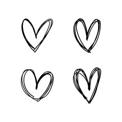 Hand drawn heart icons set, love symbol. Sketched doodles hearts collection.