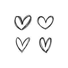 Hand drawn heart icons set, love symbol. Sketched doodles hearts collection.