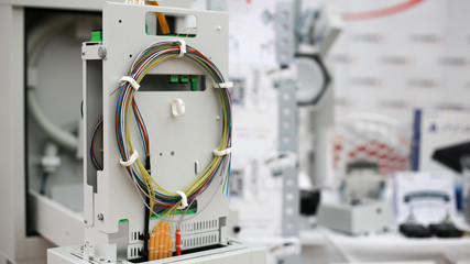 Fiber to the home equipment. FTTH internet fiber optics cables and cabinet, splitter