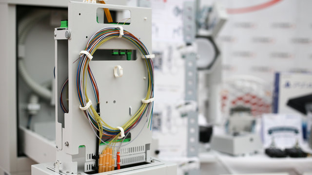 Fiber to the home equipment. FTTH internet fiber optics cables and cabinet, splitter