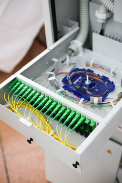 Fiber to the home equipment. FTTH internet fiber optics cables and cabinet, splitter