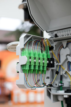 Fiber to the home equipment. FTTH internet fiber optics cables and cabinet, splitter