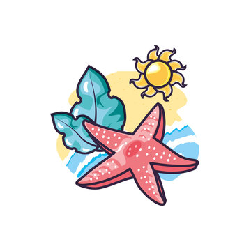 cute starfish animal with leafs and sun