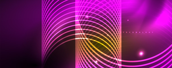 Bright neon circles and wave lines, glowing shiny background design template, digital techno concept.