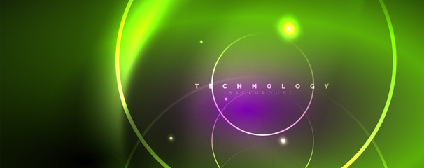 Shiny neon lights, dark abstract background with blurred magic neon light curved lines