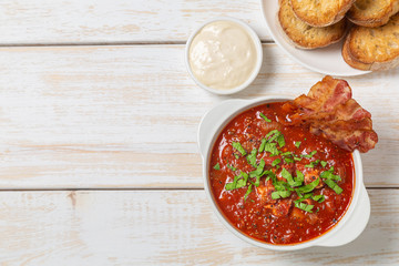Tomato soup with bacon. The view from the top. Copy-space.