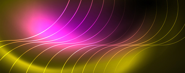 Bright neon circles and wave lines, glowing shiny background design template, digital techno concept.