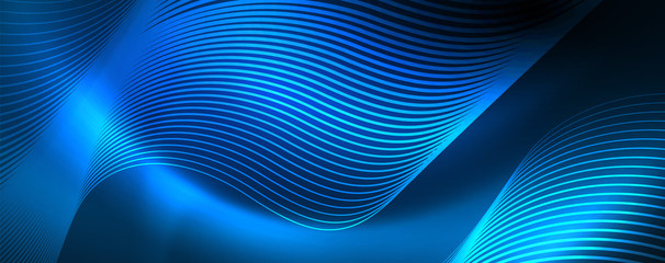 Trendy neon blue abstract design with waves and circles. Neon light glowing effect. Abstract digital background.