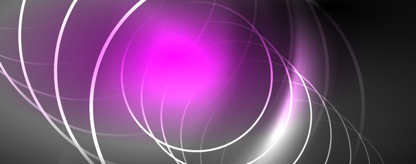 Shiny neon lights, dark abstract background with blurred magic neon light curved lines
