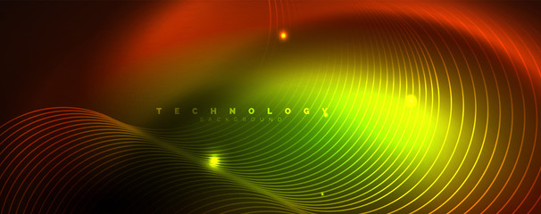 Bright neon circles and wave lines, glowing shiny background design template, digital techno concept.