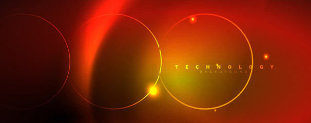 Bright neon circles and wave lines, glowing shiny background design template, digital techno concept.