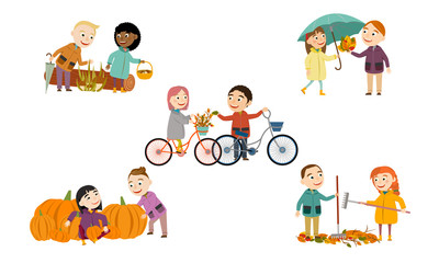 Set Couple of girls and boys in autumn clothes. Autumn fun kids. Boys and girls on bicycles, with mushrooms, pumpkins, umbrellas and rakes. Cute Vector Illustration