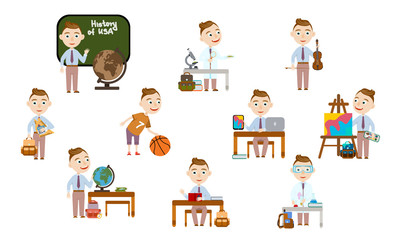 A boy with a fashionable haircut at school. Student in different lessons: science, history, sports, art, maths, English, information technology. Conducting experiments. Cute Vector Illustration