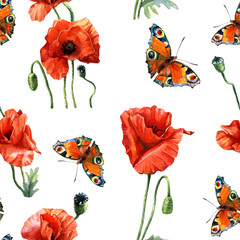 Watercolor seamless pattern of poppies, Botanical illustration.