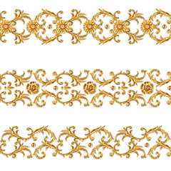 Baroque style golden ornamental segments seamless pattern. Hand drawn gold border frame
