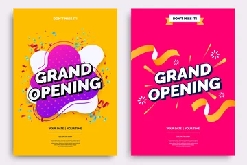 Fotobehang Grand opening invitationt template. Colorful creativity design with bold text, bright background and a burst of confetti. Ribbon cutting ceremony. Vector illustration. © alexandertrou