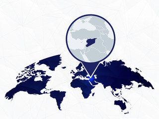 Syria detailed map highlighted on blue rounded World Map.