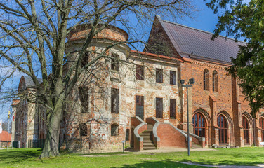 Fototapeta na wymiar Corner tower and stairs of the monastery in Dargun, Germany