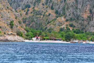 Big canyon. Butterfly valley in Turkey. View from the sea.
