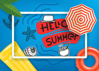 Hello summer. Travel vector concept with white frame