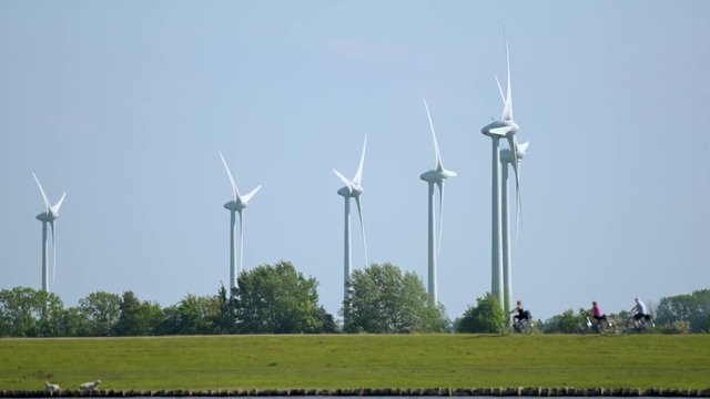 Fahrradfahrer fahren auf dem Deich. In der N&auml;he stehen Windkraftanlagen