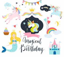 Obraz premium Unicorns collection with fantasy elements for birthday events , cards or invitation
