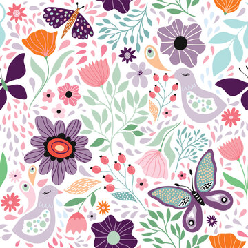 Floral decorative seamless pattern with butterflies and different flowers