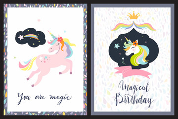 Unicorn greeting cards or invitations set with cute elements and hand lettering
