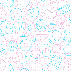 Desserts pattern. Kids delicious food sweet cakes biscuits jelly ice cream lollipop cupcakes vector seamless background. Illustration of dessert food cake and lollipop, sweet candy and cupcake