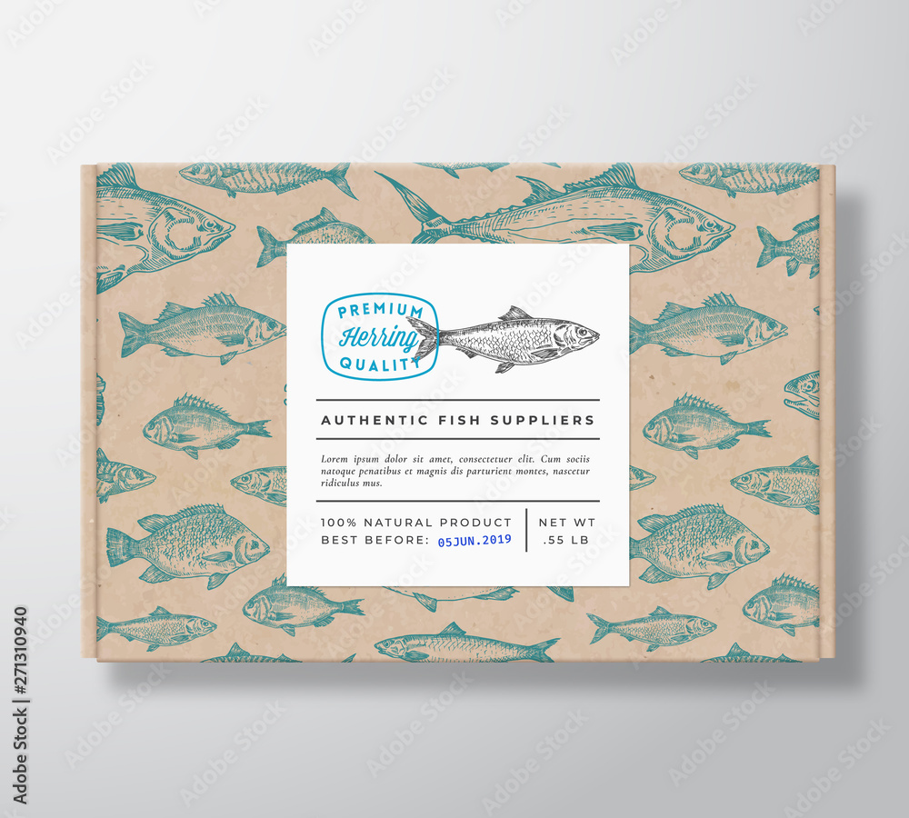 Canvas Prints fish pattern realistic cardboard box with banner. abstract vector packaging design or label. modern 