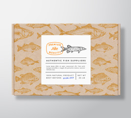 Fish Pattern Realistic Cardboard Box with Banner. Abstract Vector Packaging Design or Label. Modern Typography, Hand Drawn Pike Silhouette. Craft Paper Background Layout.