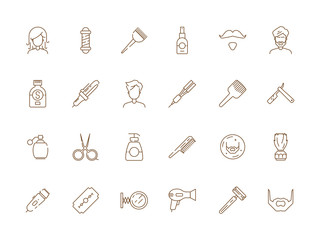 Barbershop icon. Man shaving and grooming tools beauty haircut salon hair trim vector thin line symbols. Haircut and grooming, razor and other accessories illustration
