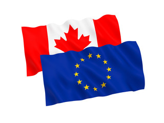 National fabric flags of Canada and European Union isolated on white background. 3d rendering illustration. 1 to 2 proportion.
