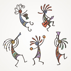 Hand drawn Kokopelli figures. Stylized mythical characters playing flutes.