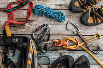 Climbing gear, equipment belaying carabiners, loops, ropes, climbing shoes - 271312134