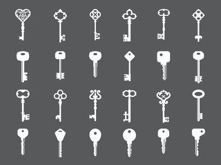 Key collection. Retro and modern house key silhouettes vector template for logo design. Set of keys white silhouette for safety house illustration
