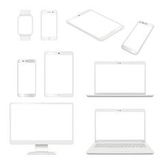 Realistic gadgets. Monitor smartphone laptop and tablet blank notebook vector mockup computer devices. Illustration of smartphone and tablet, computer and notebook, display of mobile