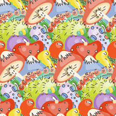Cute seamless forest pattern with mushrooms. Nice for prints, design, colorings, cards, textile