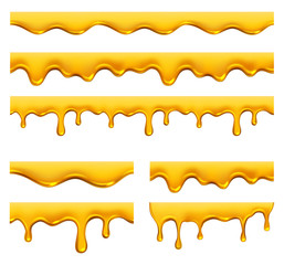 Honey dripping. Yellow syrup liquid golden oil drops and splashes vector realistic template. Golden droplet drip, flow syrup, liquid melt illustration