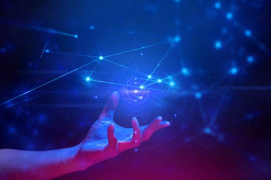 digital data ai global social network technology hologram with particle light and hand of human in scifi futuristic concept, deep learning robotic