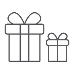 Gift boxes thin line icon, package and surprise, presents sign, vector graphics, a linear pattern on a white background.
