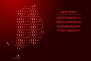 South Korea map from futuristic hexagonal shapes, lines, points red and glowing stars in nodes, form of honeycomb or molecular structure for banner, poster, greeting card. Vector illustration.