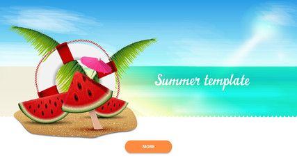 Summer template for your creativity with watermelon slices, palm leaves and lifeline