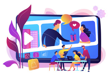 Video chatting, Internet hosting. Market tendencies analyzing. Visual storytelling, eye-catching design trend, best visual communication concept. Bright vibrant violet vector isolated illustration