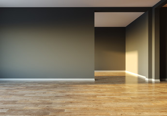 Empty room with big window and sun light. 3D illustration. 