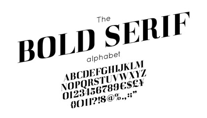 Classic vector bold serif font and alphabet. Vintage abc, elegant english letters and numbers