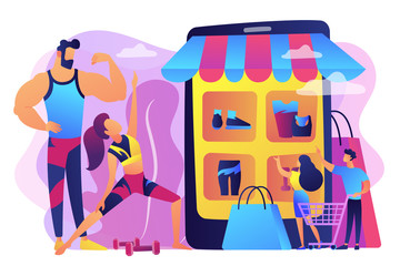 Sportswear Internet store, sports goods online ordering. Workout fashion, cool workout outfits, gym clothing trends, your workout style concept. Bright vibrant violet vector isolated illustration